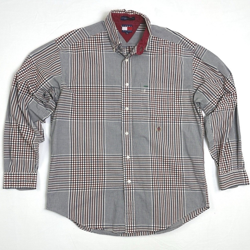 Vintage 90s Color Block Plaid Tommy Hilfiger Button‎ Down Shirt M